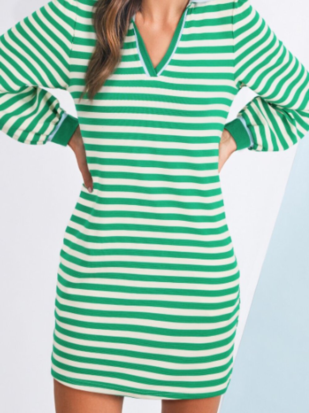 Green Striped Contrast Collar Split Neck Long Sleeve Mini Dress